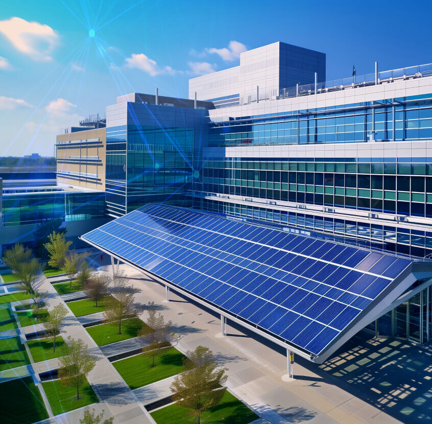 Solar panels on a hospital roof